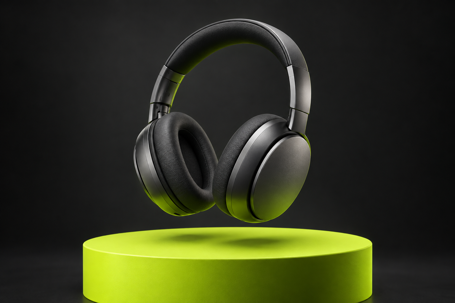 Graphite headphones on an electric green platform